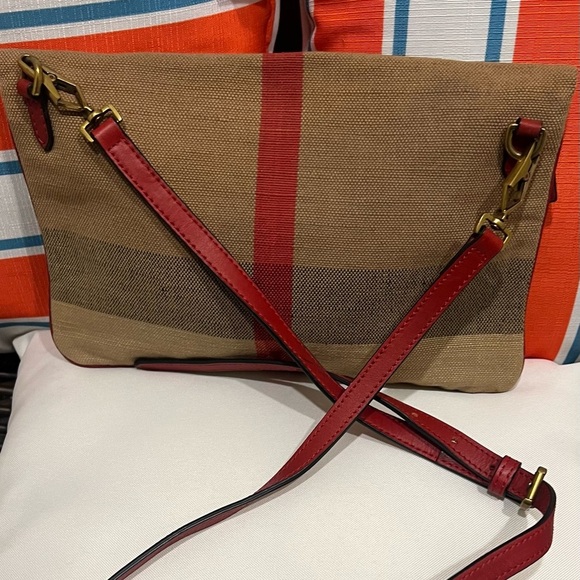 Burberry Beige/Red House Check Canvas and Leather Fold Over Crossbody Bag - Picture 5 of 13